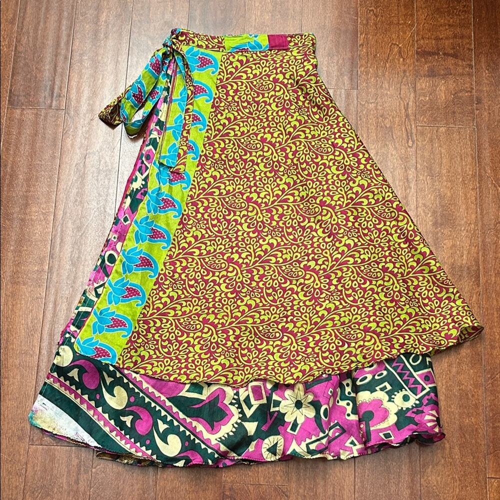 Reversible True Wrap Colorful Skirt in a Wonderfully Soft 100% Silk Fabric, OSFM